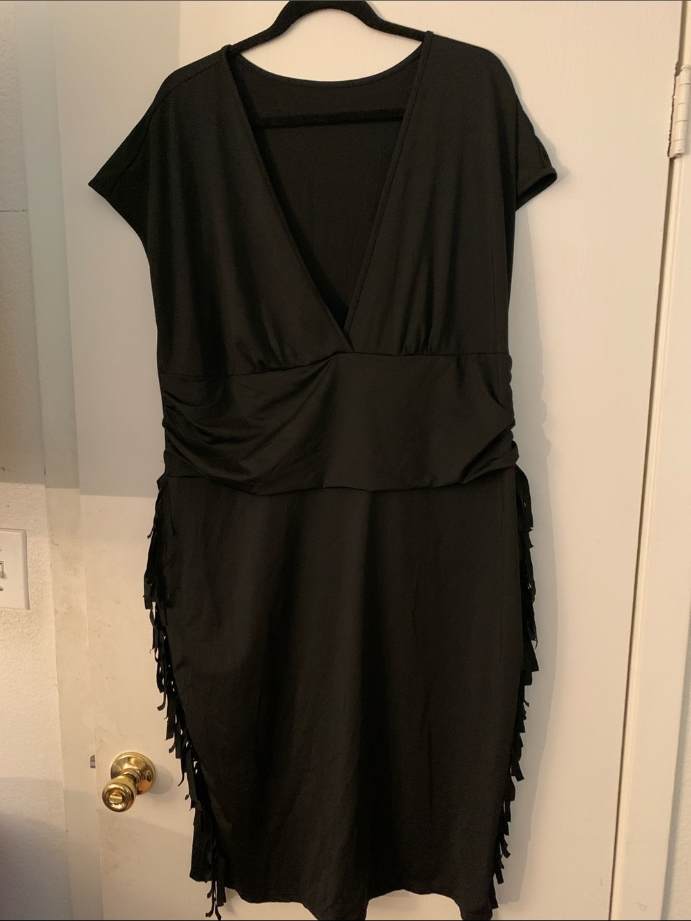 SHEIN Black V-Neck Midi Dress with Side Fringe